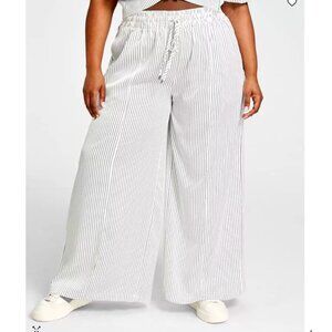 Nina Parker Wide Leg Drawstring Printed Pinstripe White Blue Satin Pants 4X